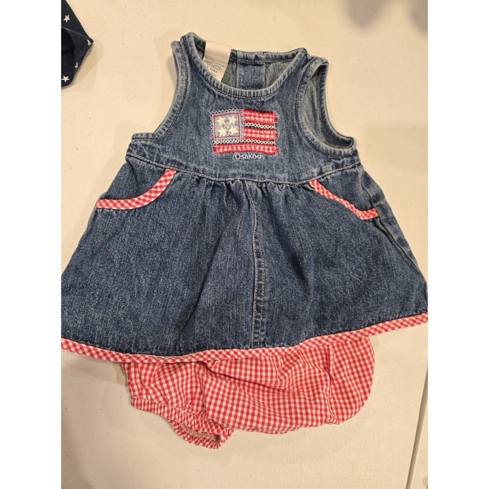 Vintage Oshkosh Girls Denim Jumper Dress Flag Design (0-3 MOS) Independence Day